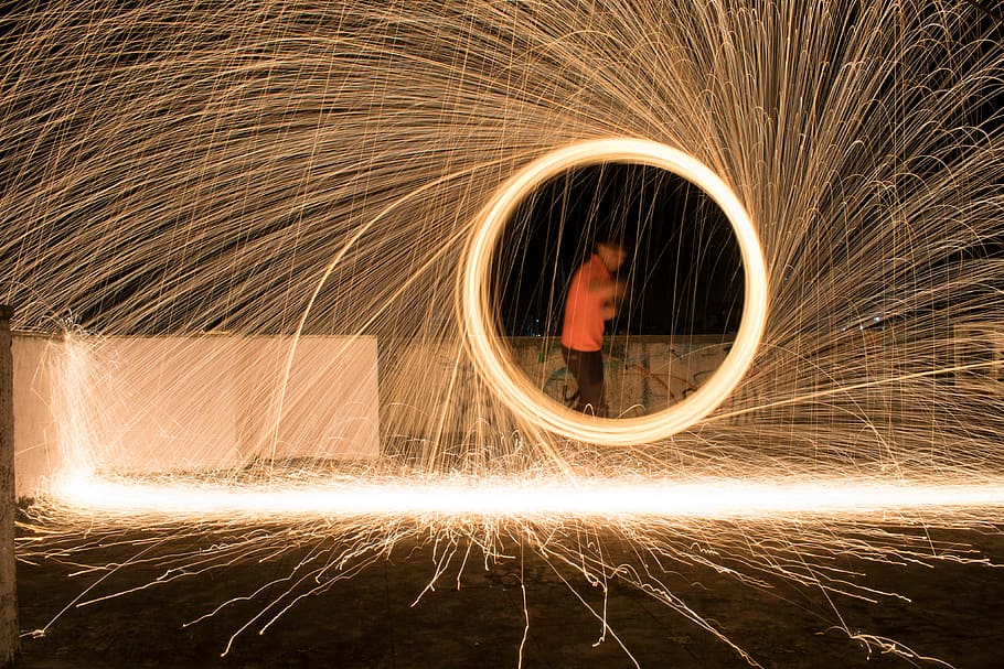 man, spectacular, light painting, people, fireworks, industry, factory, equipment, sparks, working