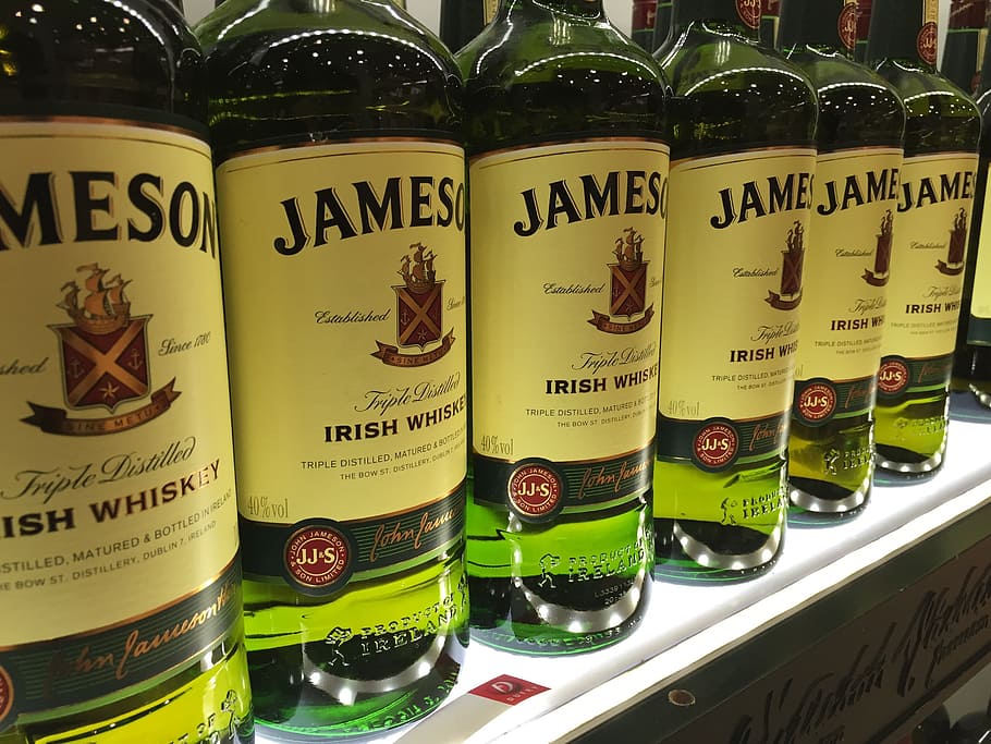 line-up, jameson, irish, whiskey, bottles, drink, liquor, bottle, bar, alcohol