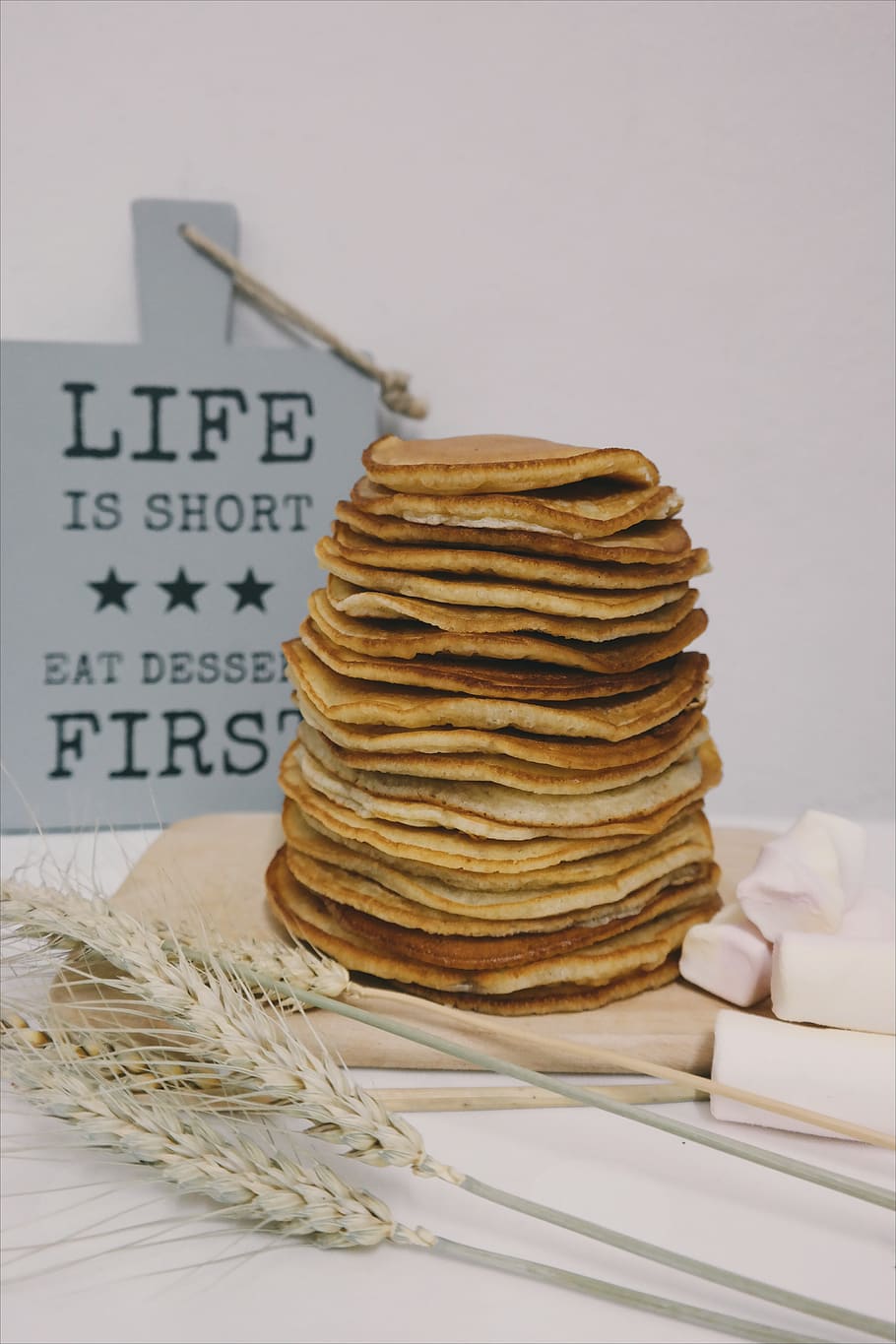 food, pancake, butter, breakfast, delicious, quotation, statement, tray, wood, food and drink