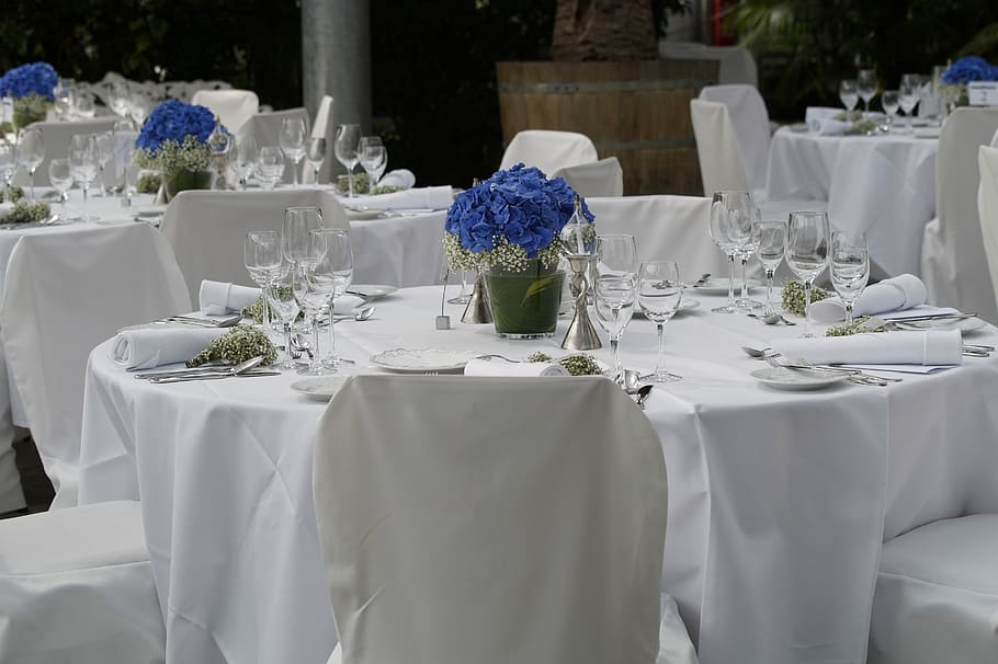 mesas, copos, louça, toalha de mesa, Casamento, Festival, Celebração, Festivo, mesas de jantar, comer