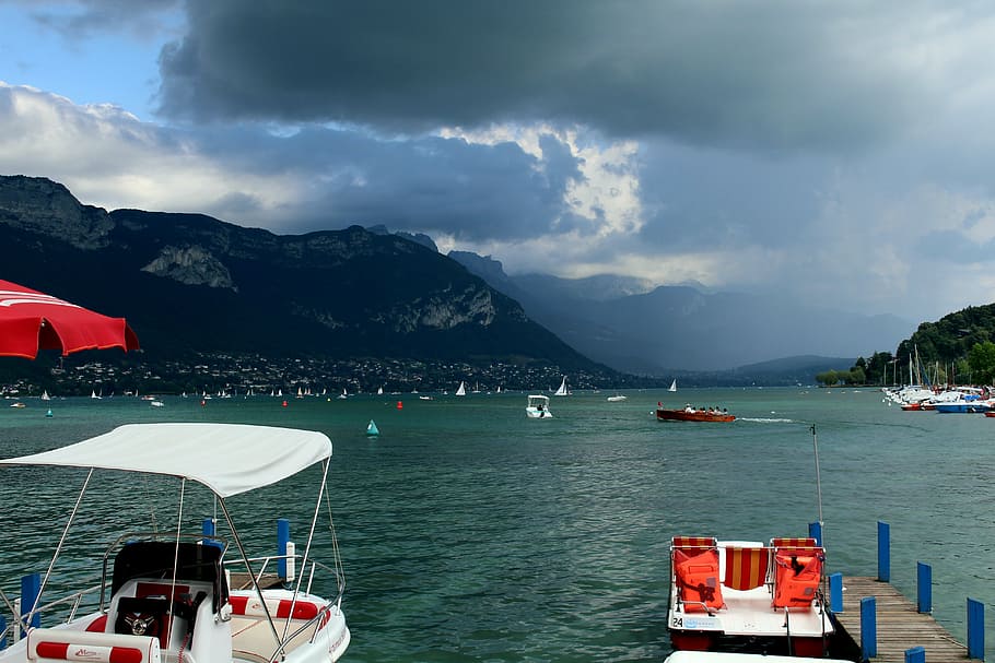 storm, thunderstorm, clouds, dark, france, annecy, water, romantic, evening, atmosphere