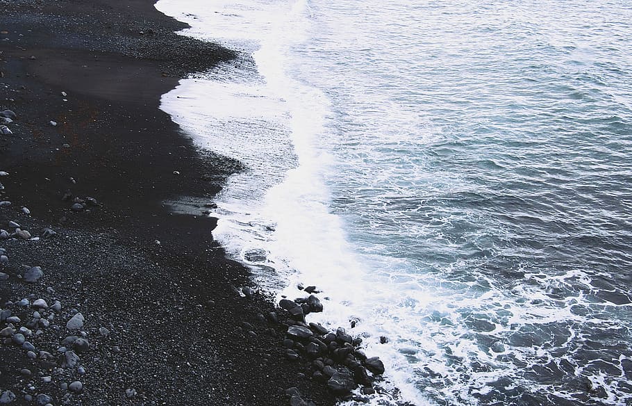 sea waves, seashore, black, gray, sea, shore, stones, white, wave, nature