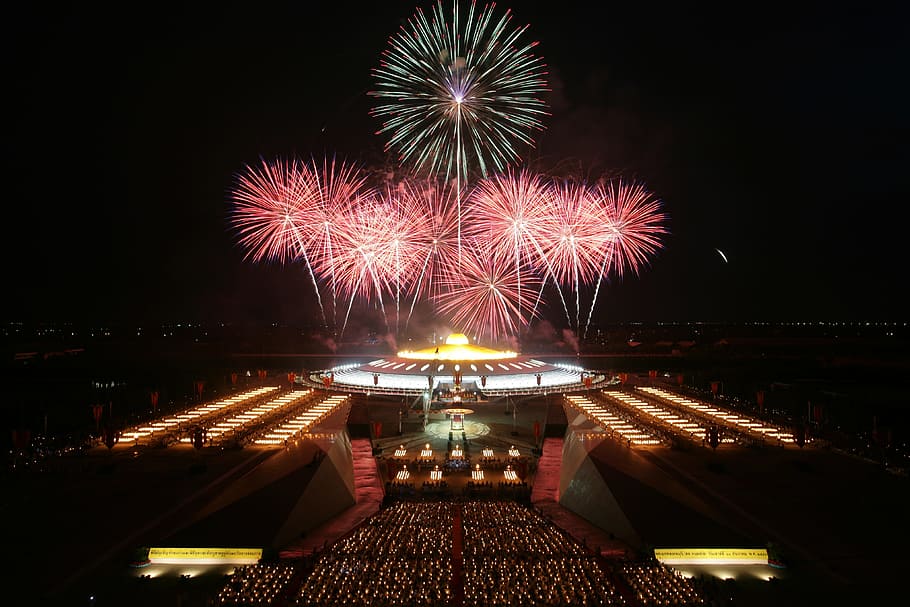 Fireworks, Temple, Buddhism, dhammakaya pagoda, thailand, wat, phra dhammakaya, celebration, festival, night