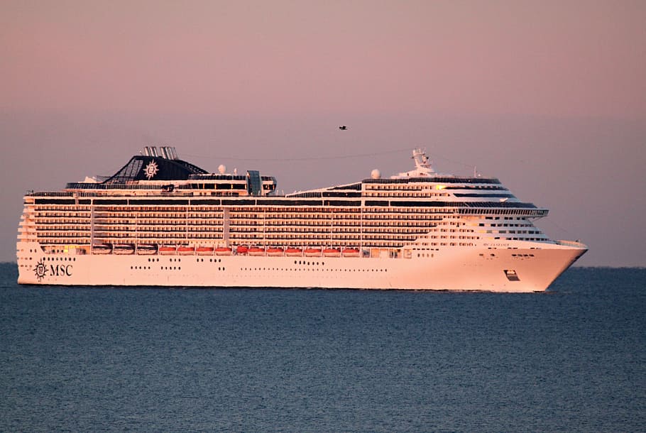 white, cruise ship, body, water, daytime, morning sun, sunrise, morning, sea, mediterranean