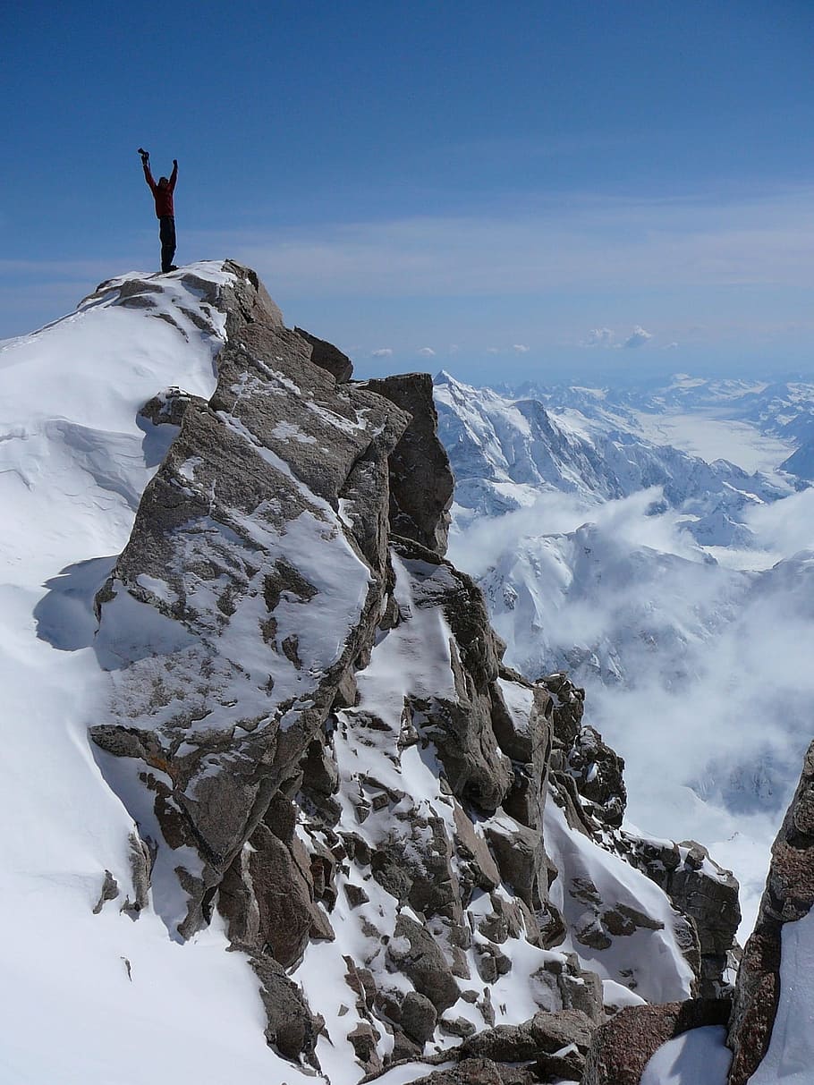 person, standing, top, mountain, snow, daytime, mountain climber, summit, success, teamwork