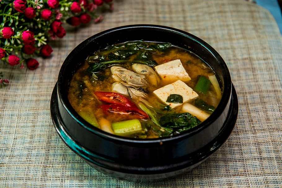 seafood soupe dish, served, black, ceramic, bowl, seafood, soupe, dish, miso soup, bureau