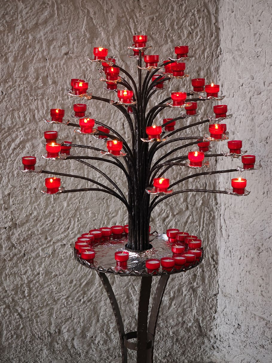 candle holders, candles, stand, light, church, red, tree, decoration, indoors, studio shot