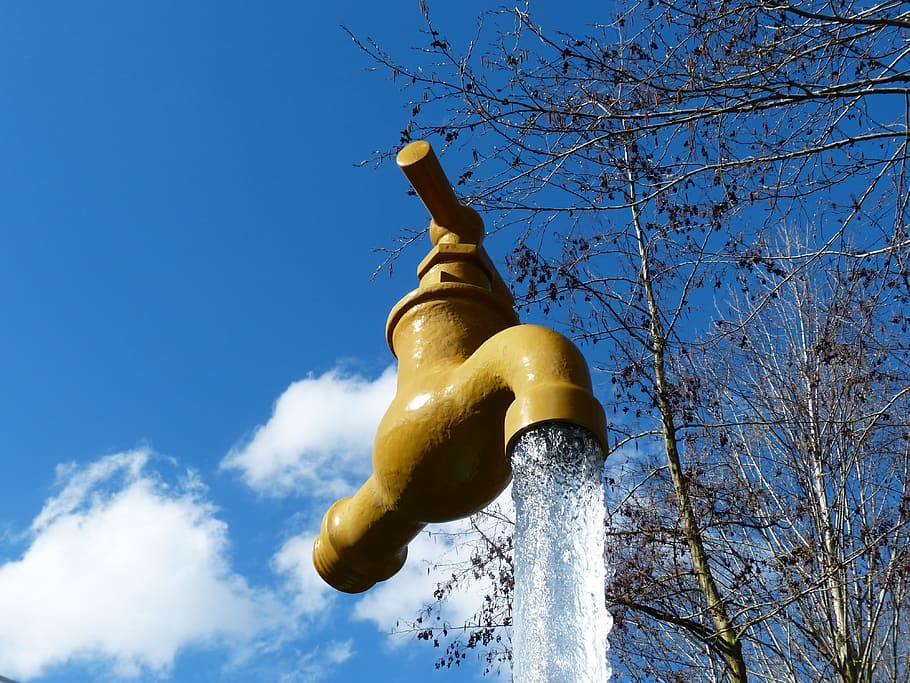 faucet, water column, standing, floating, optical deception, yellow, water, water running, artwork, art object