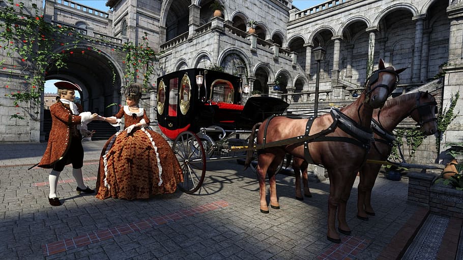 couple, holding, hands, horse carriage, outdoor, castle, rococo, behaviour, lady, knight