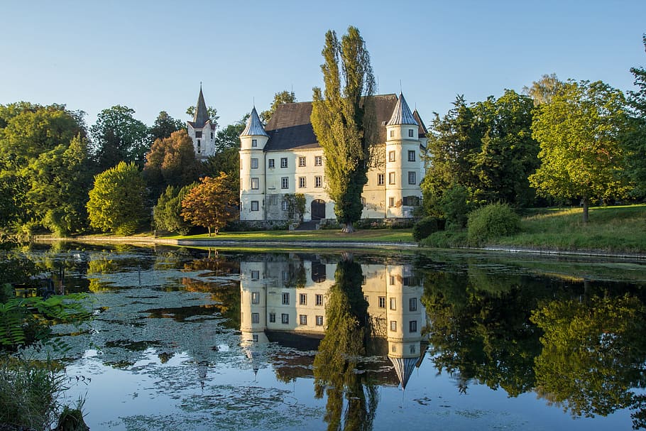 el castillo de hagenau, castillo, wasserburg, estanque del castillo, reflejo, aguas, reflejo de agua, reflexión, árbol, agua