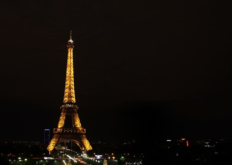 Torre Eiffel, Paris, Monumento, À noite, luzes, coloridos, símbolo, estrutura, Paisagem urbana, Marco