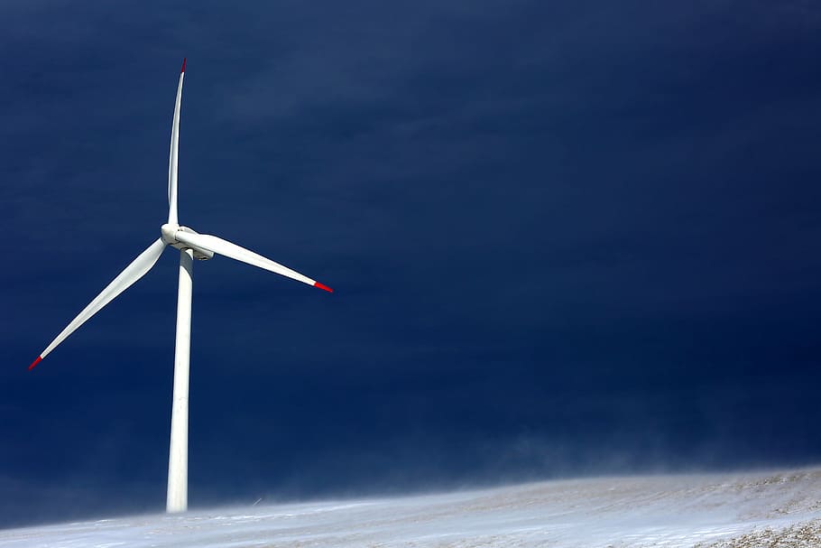 white wind turbine, windmill, dark, mountain, air, travel, adventure, wind turbine, wind power, environmental conservation