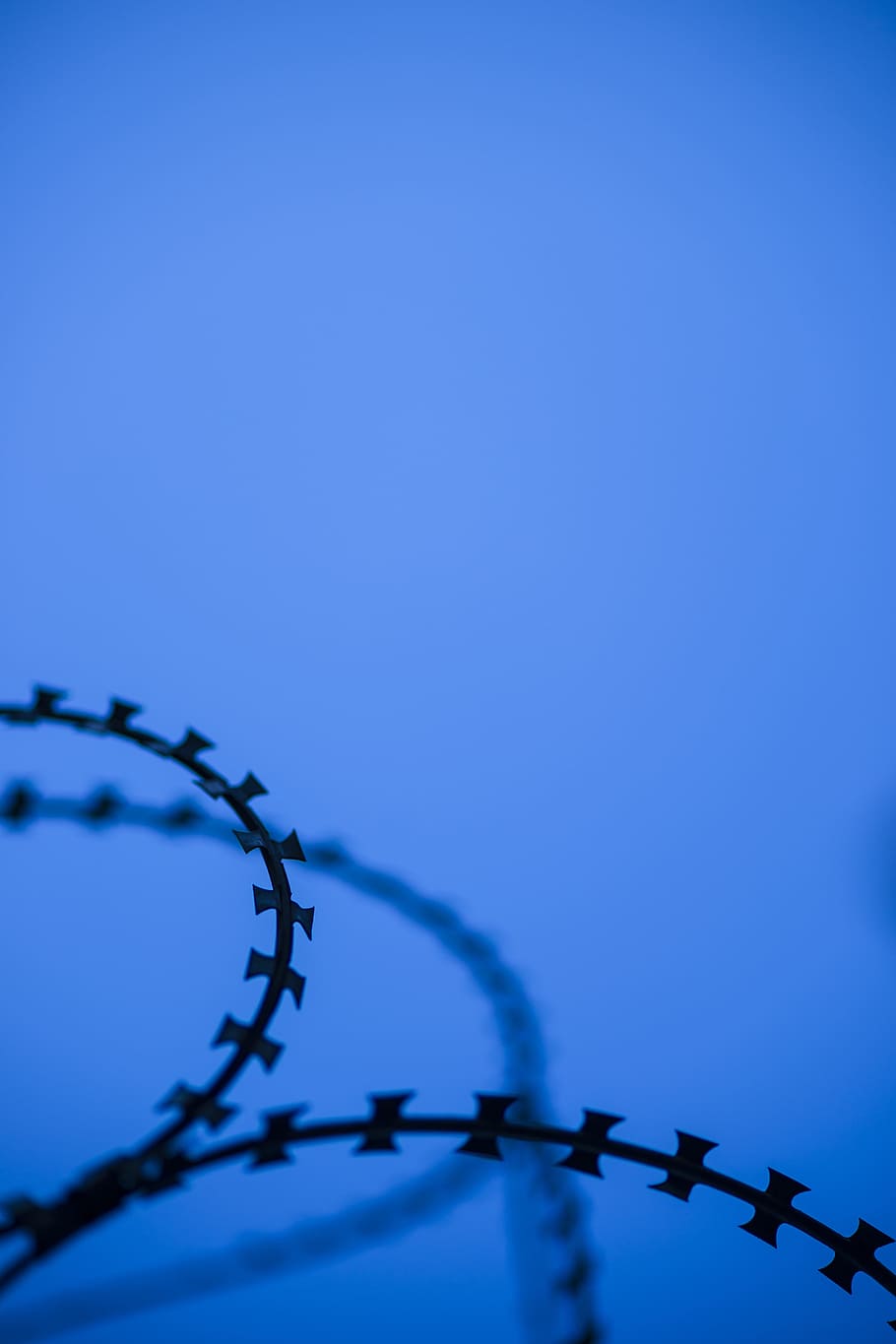 barbed wire, sharp, razor, danger, blue, military, war, backgrounds, sky, abstract pattern