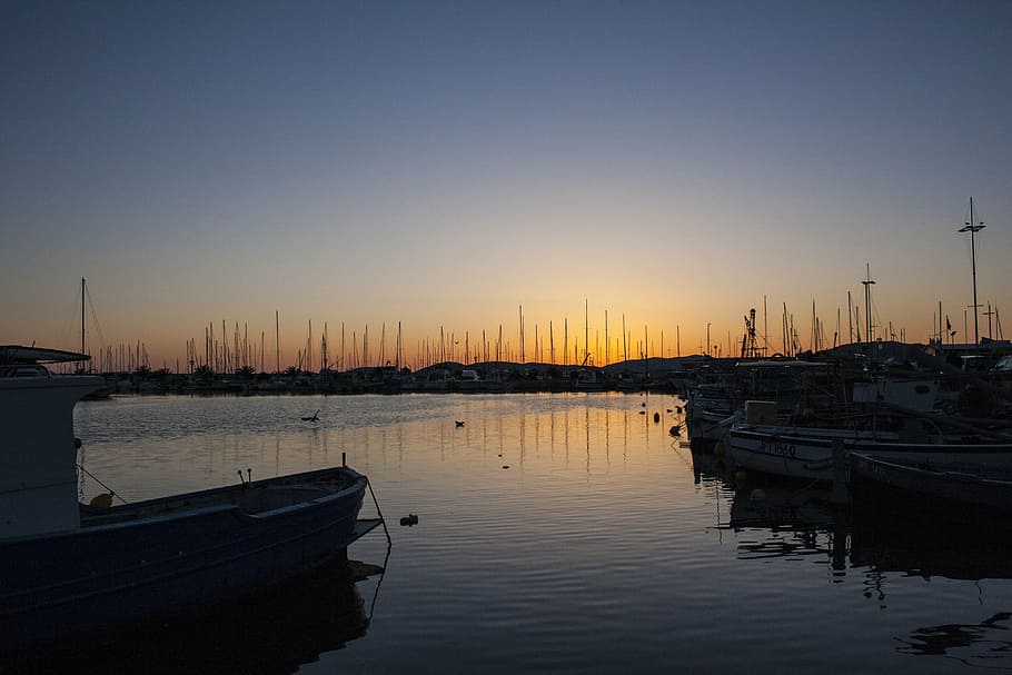 alghero, porto, sunset, landscape, sea, boats, sky, boat, pier, water