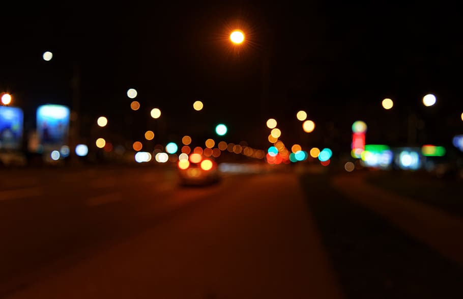 lights, colored, out of focus, circles, bokeh, night, street, traffic, road, urban