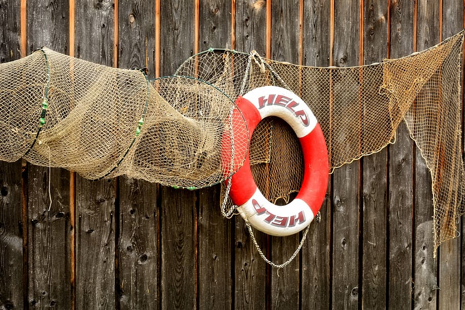 red, white, lifebuoy, hanged, wooden, wall, wooden wall, fishing net, lifebelt, help