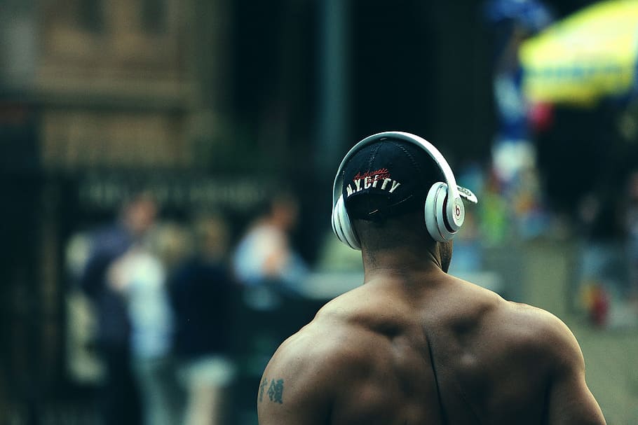 man, white, headset, bodybuilder, muscles, fitness, weight lifting, training, exercise, guy