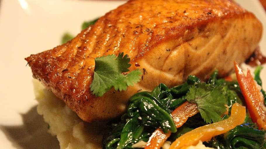 salmon dish, food, meal, restaurant, seafood, food and drink, meat, ready-to-eat, vegetable, freshness