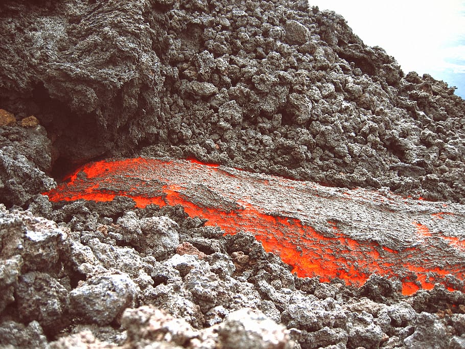 volcano, magma, fire, heat, rocks, geology, rock, rock - object, solid, orange color