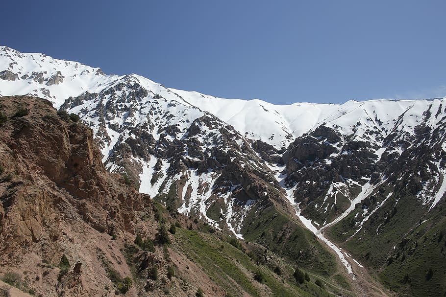 mountains, snow, sky, mountain landscape, spring, summer, tianshan, the landscape of central asia, central asia, journey
