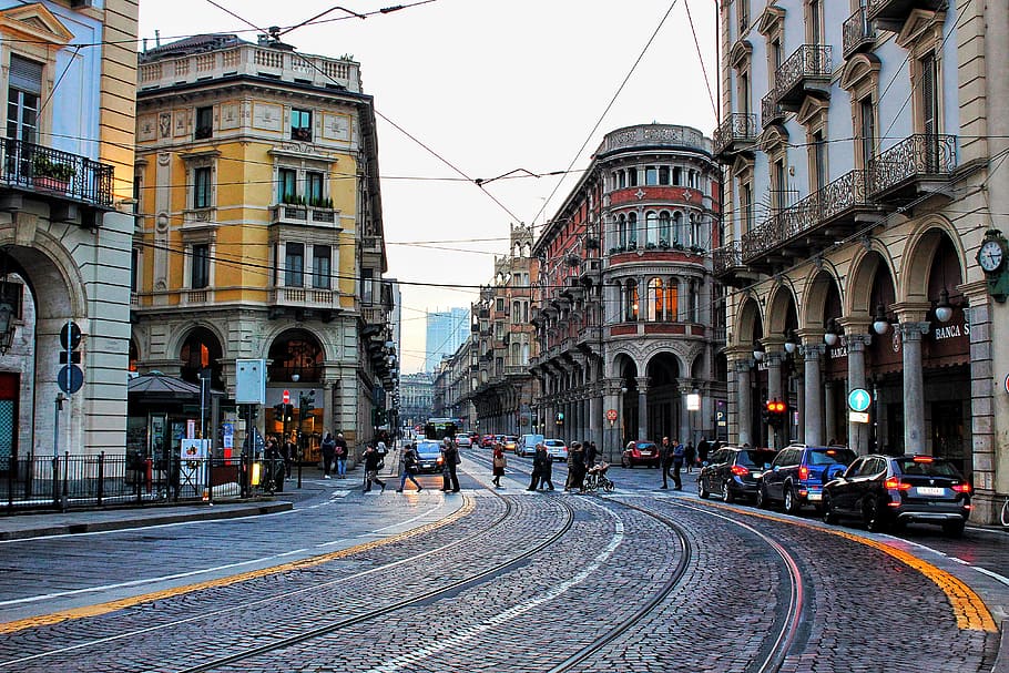 people, walking, street, Torino, City, Italy, Downtown, architecture, road, center