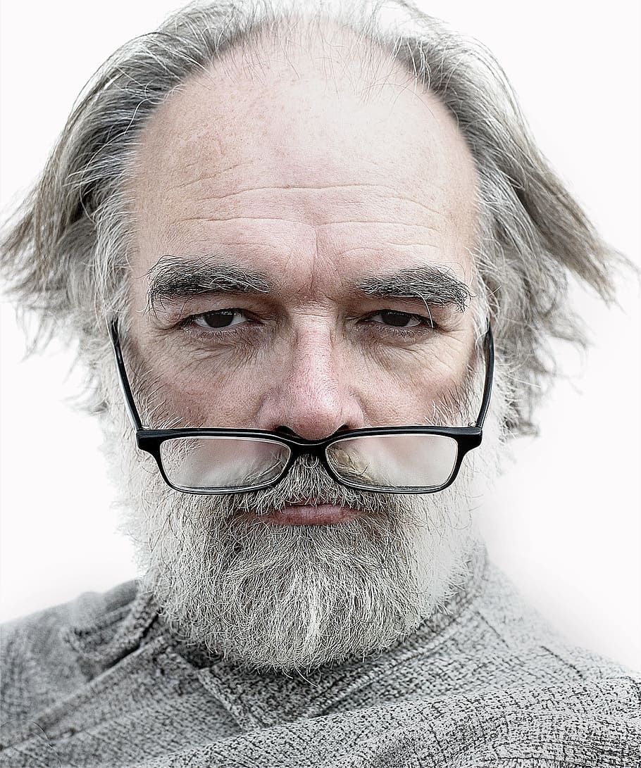 man, wearing, black, framed, eyeglasses, white, beard, portrait, old, glasses