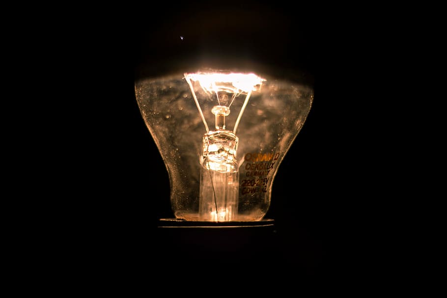 lighted filament bulb, close, photography, clear, light, bulb, dark, night, lamp, electricity