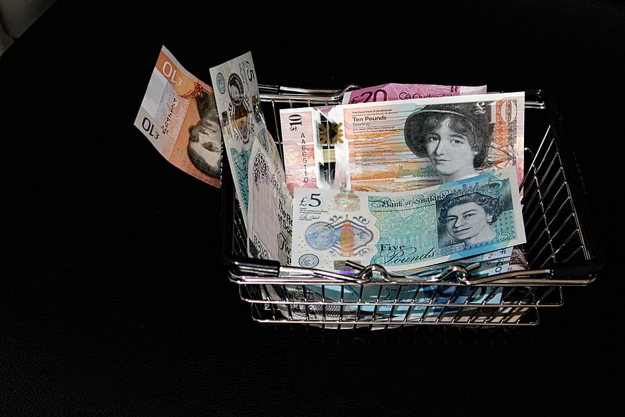 money, economy, cash, carry, banknotes, metal basket, shopping, currency, pounds, british