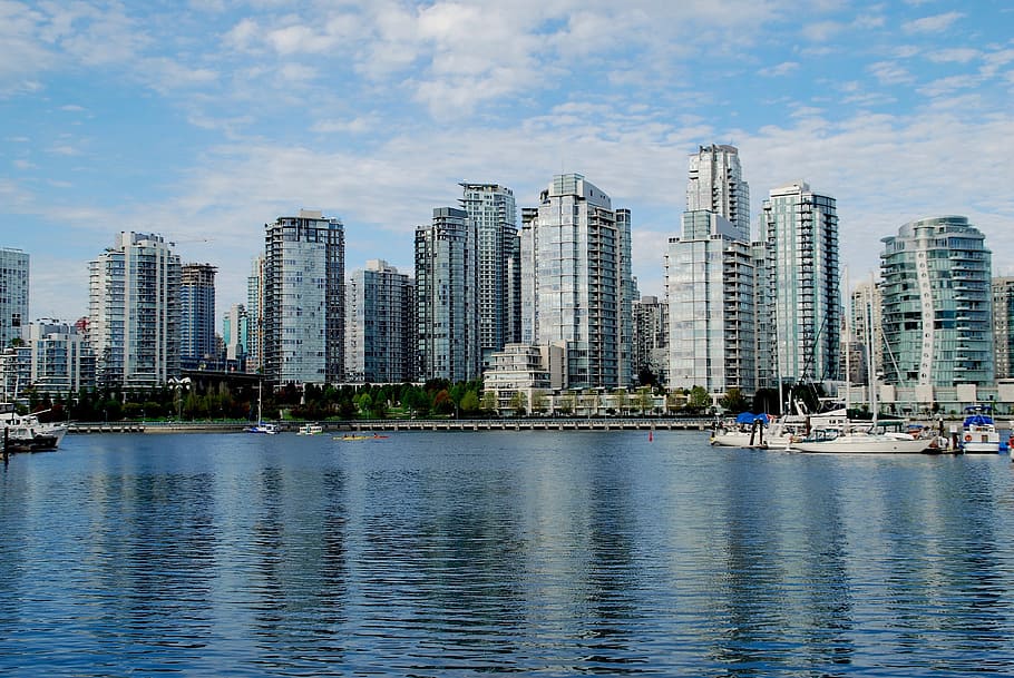 high-rise, buildings, sea, daytime, vancouver, british columbia, skyscrapers, mirroring, architecture, facade