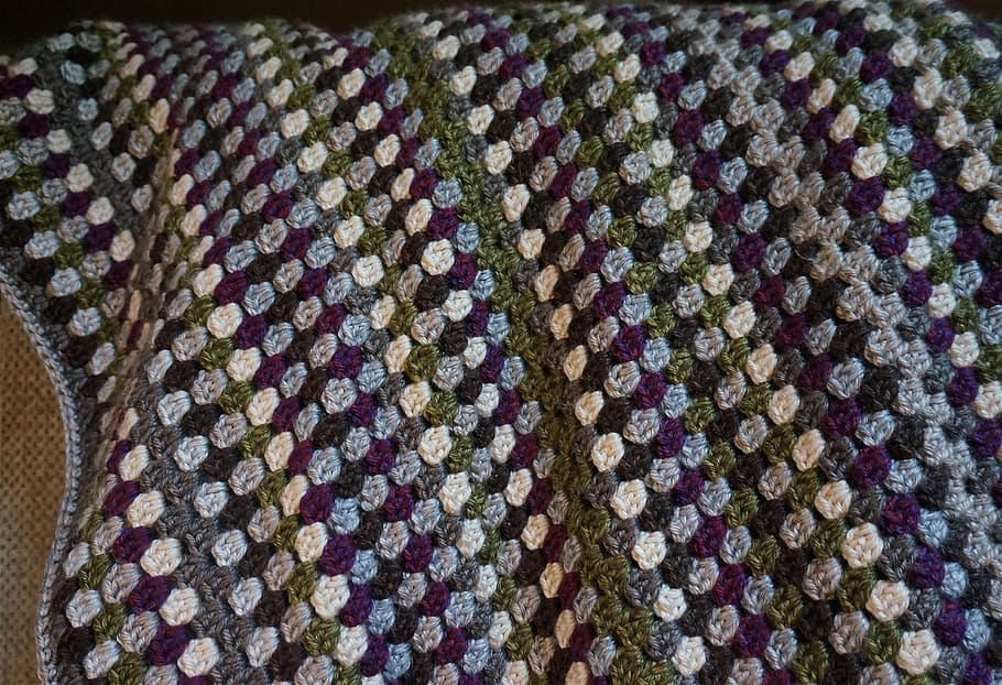 crocheted afghan, yarn, crochet, afghan, fiber arts, purple, green, traditional, fiber, pattern