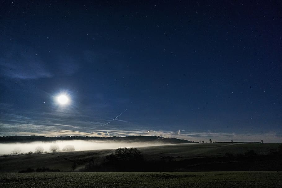 moon, full moon, fog, moonlight, sky, cloud plume, mist, mood, nature, mystical