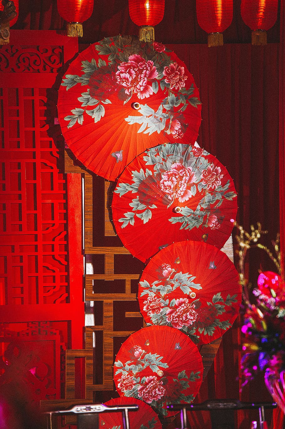 중국 결혼식, 결혼식, 중국식, 빨간, 장식, 교수형, 아니 사람, 칸델라, 조명 장비, 휴일