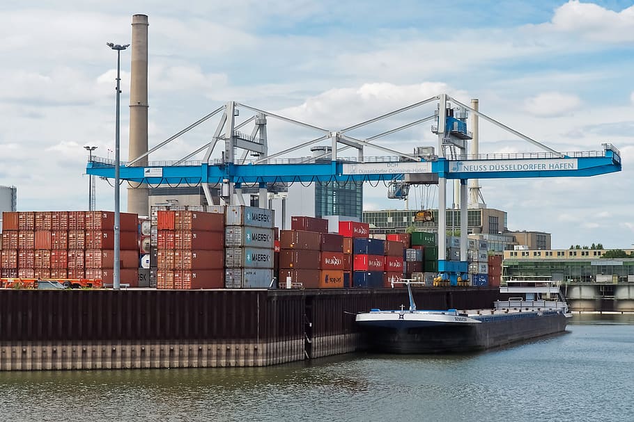 blue, white, intermodal, container crane, shipping, boat, Port, Transport, Water, port facility