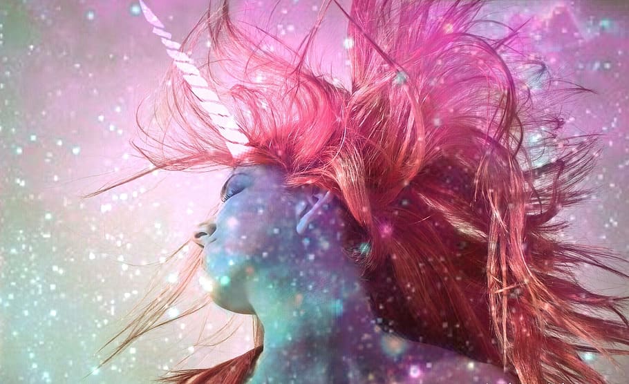 woman, face pop art, background, color, flower, nature, bright, unicorn, hair, girl