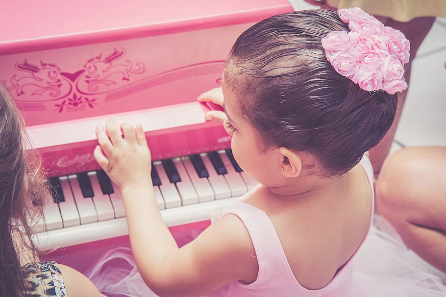 girl, playing, pink, piano toy, Disney, Ballet Dancer, Child, Piano, pink color, one person