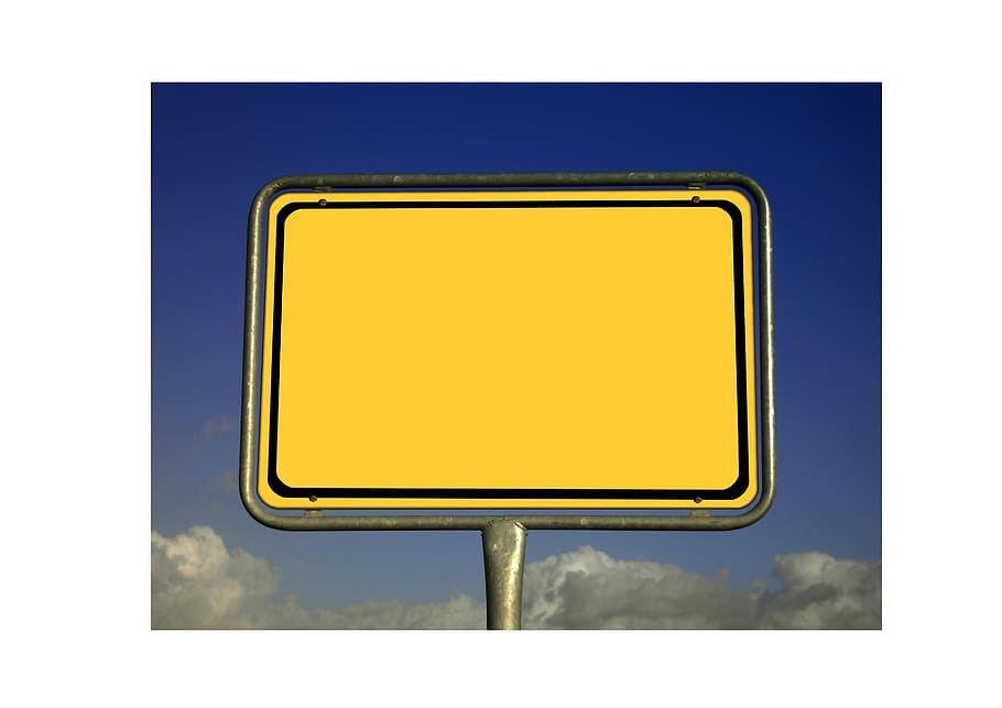 yellow signage board, shield, directory, signposts, sky, clouds, town sign, place name sign, empty, label
