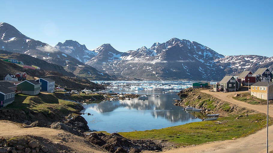 bay, inlet, greenland, mountain, summer, ice, boat, wooden, houses, colorful