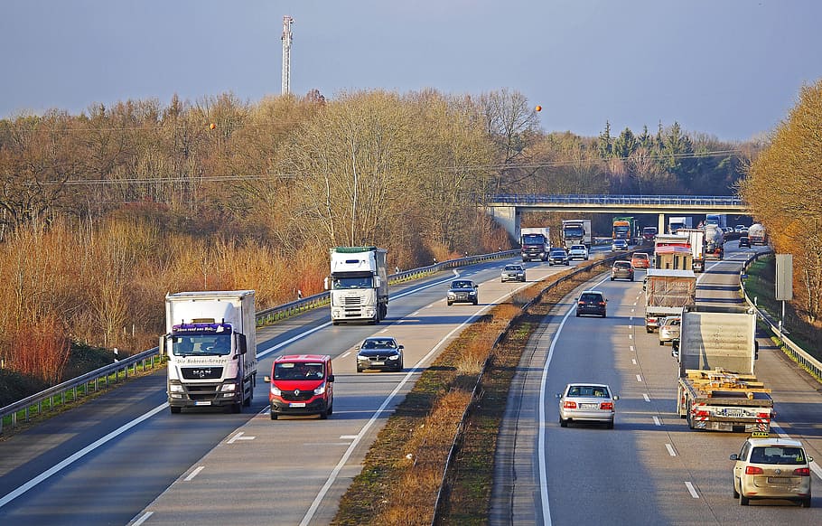 Autopista, Feierabend Traffic, Feierabend, Tráfico, tarde, camión, pkw, vehículos, transporte, Münsterland