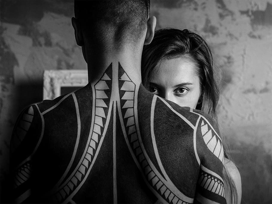 grayscale photography, woman, hiding, front, man, back, tattoo, people, body, art