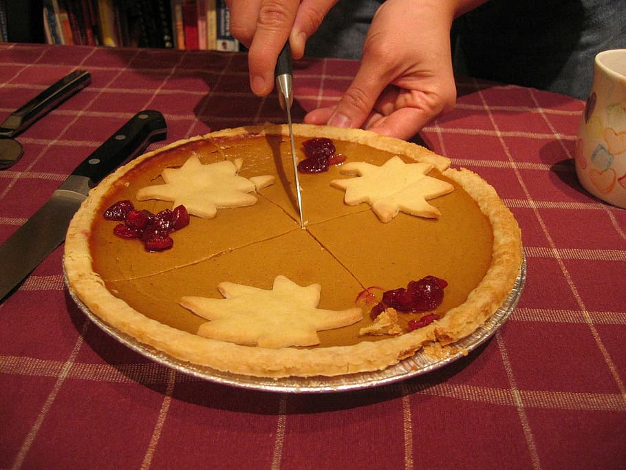 person, holding, knife, sliced, pie, pumpkin pie, dessert, food, baked, holiday