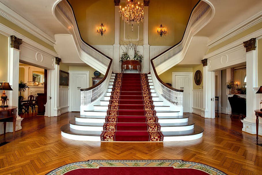 escalera, interior, blanco, pintado, habitación, mansión del gobernador, Montgomery, Alabama, gran escalera, elegante