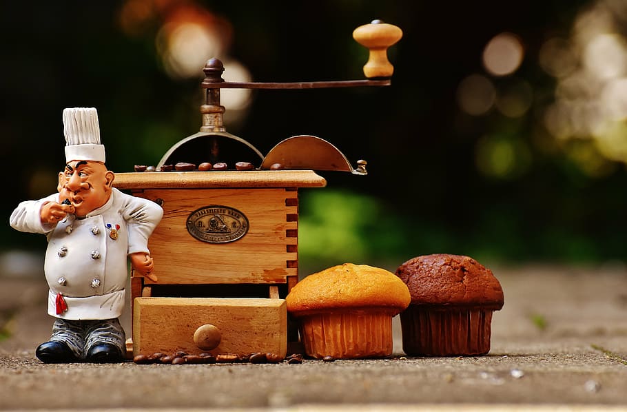 two, brown, chocolate cupcakes, music box, grinder, muffin, baker, figure, cake, coffee