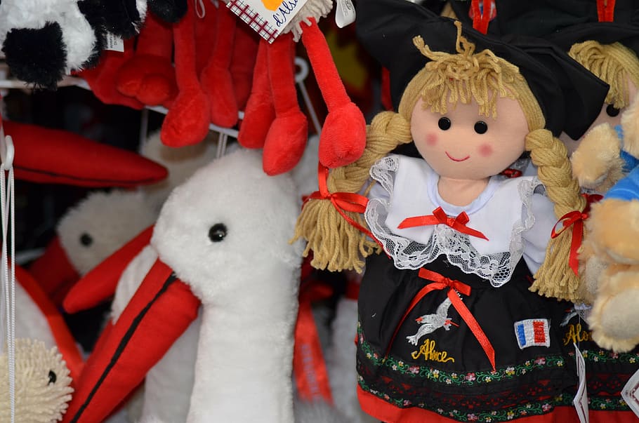 alsace, doll, alsatian doll, traditional costume, france, stork, memories, petite france, strasbourg, store