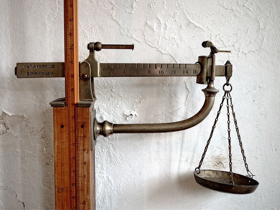 brass-colored beam balance scale, mounted, wood, scales, balance, weighing, weight, loss, slimming, diet