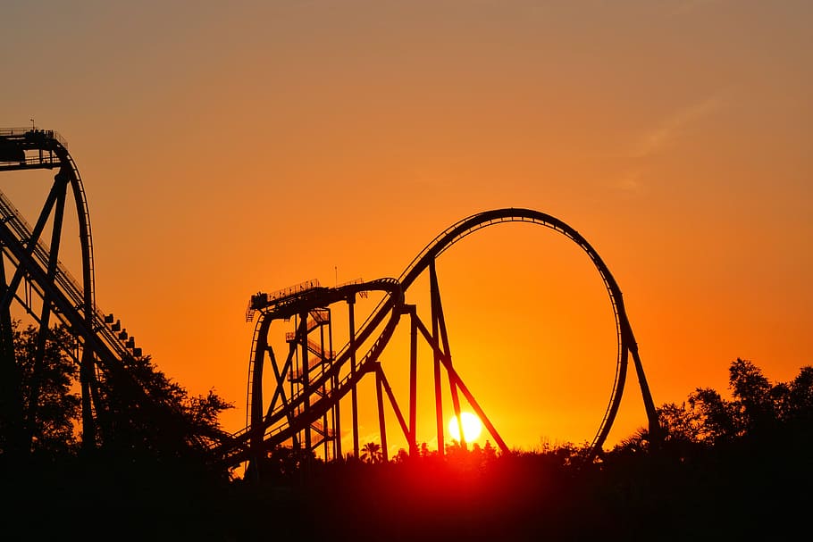 roller coaster rail, Matahari Terbenam, Roller Coaster, Pariwisata, taman, sinar matahari, pemandangan, musim panas, cahaya, malam