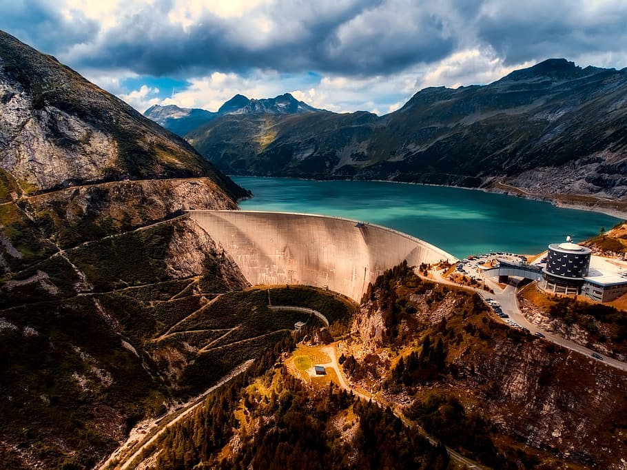 dam, reservoir, lake, engineering, hydroelectric, landscape, mountains, sky, clouds, energy