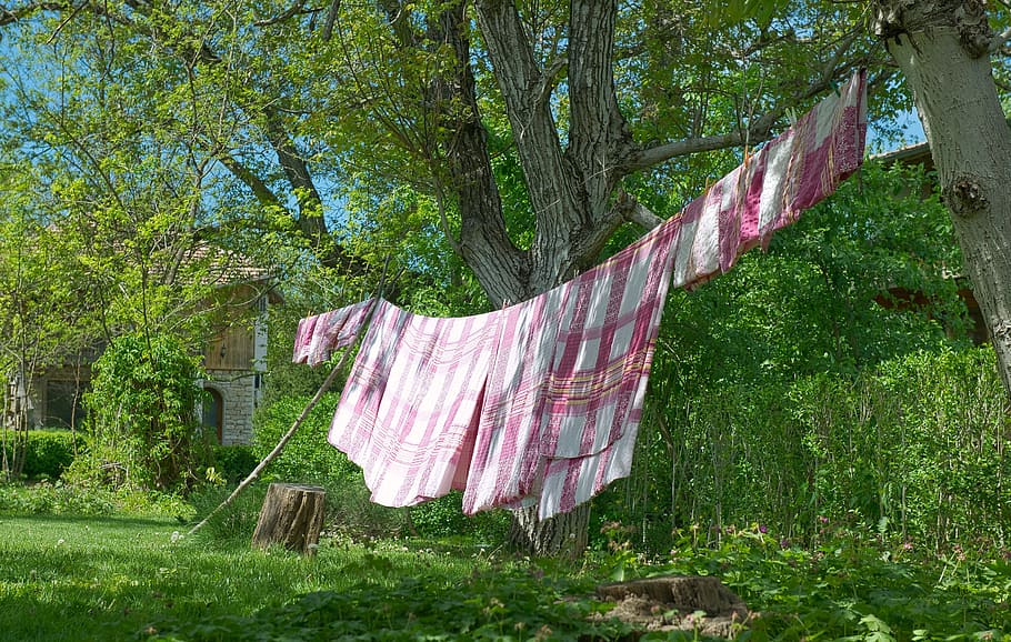 white, red, blankets, hanged, Laundry, Spring, Clothes, Wash, Fresh, green