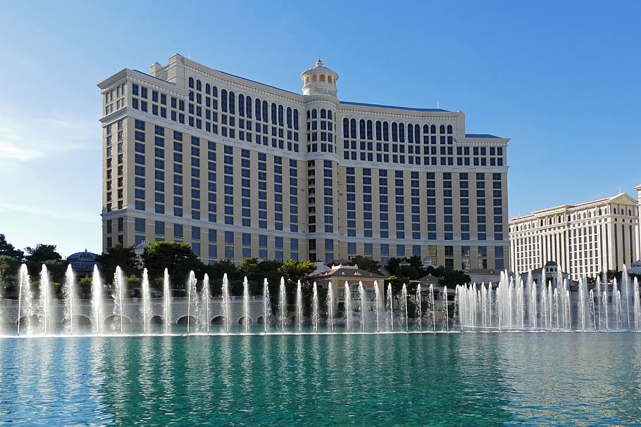 Fountains Of Bellagio, Las Vegas, dancing, water, fountain, front, concrete, hotel, building, architecture