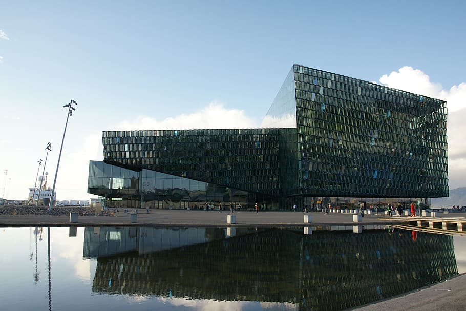 Islandia, Reykjavik, Bangunan, arsitektur, harpa, gedung konser, luar, fasad, modern, pelabuhan