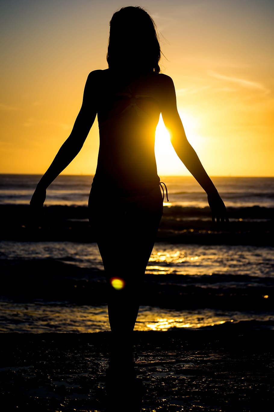woman, silhouette, beach, sun, sunset, summer, sea, young, girl, female